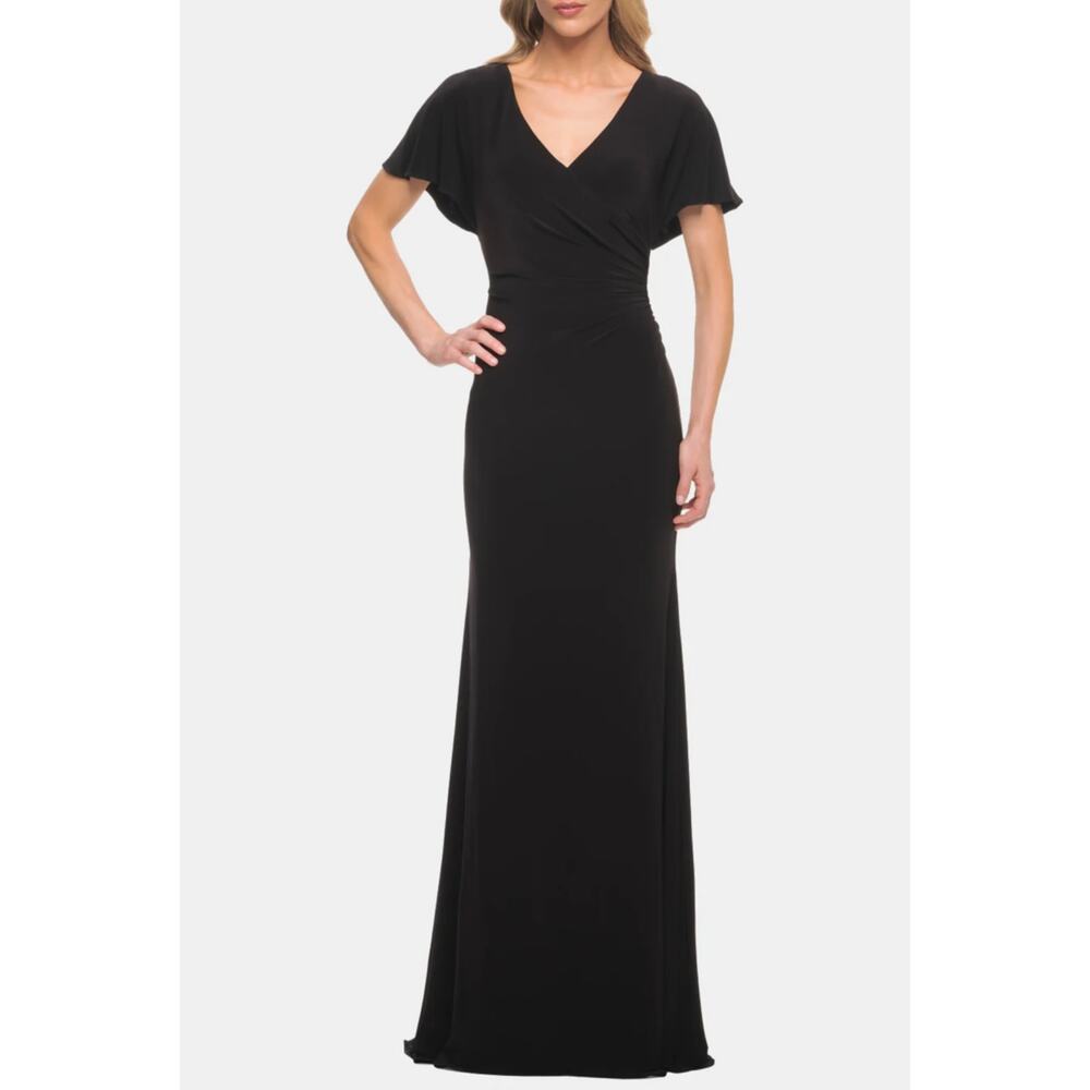 La Femme Black‎ V-Neck Ruched Short Sleeve Maxi Jersey Evening Gown Size 20